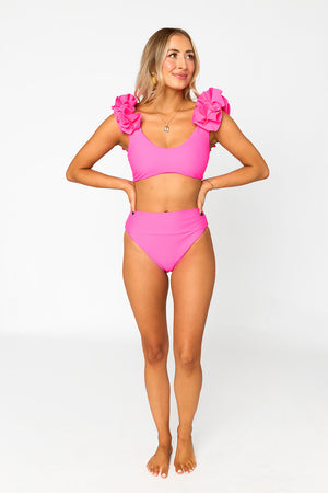 Shelly Ruffle Shoulder High-Waisted Bikini - Hot Pink
