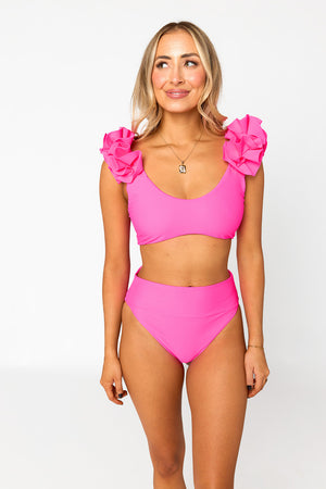 Shelly Ruffle Shoulder High-Waisted Bikini - Hot Pink