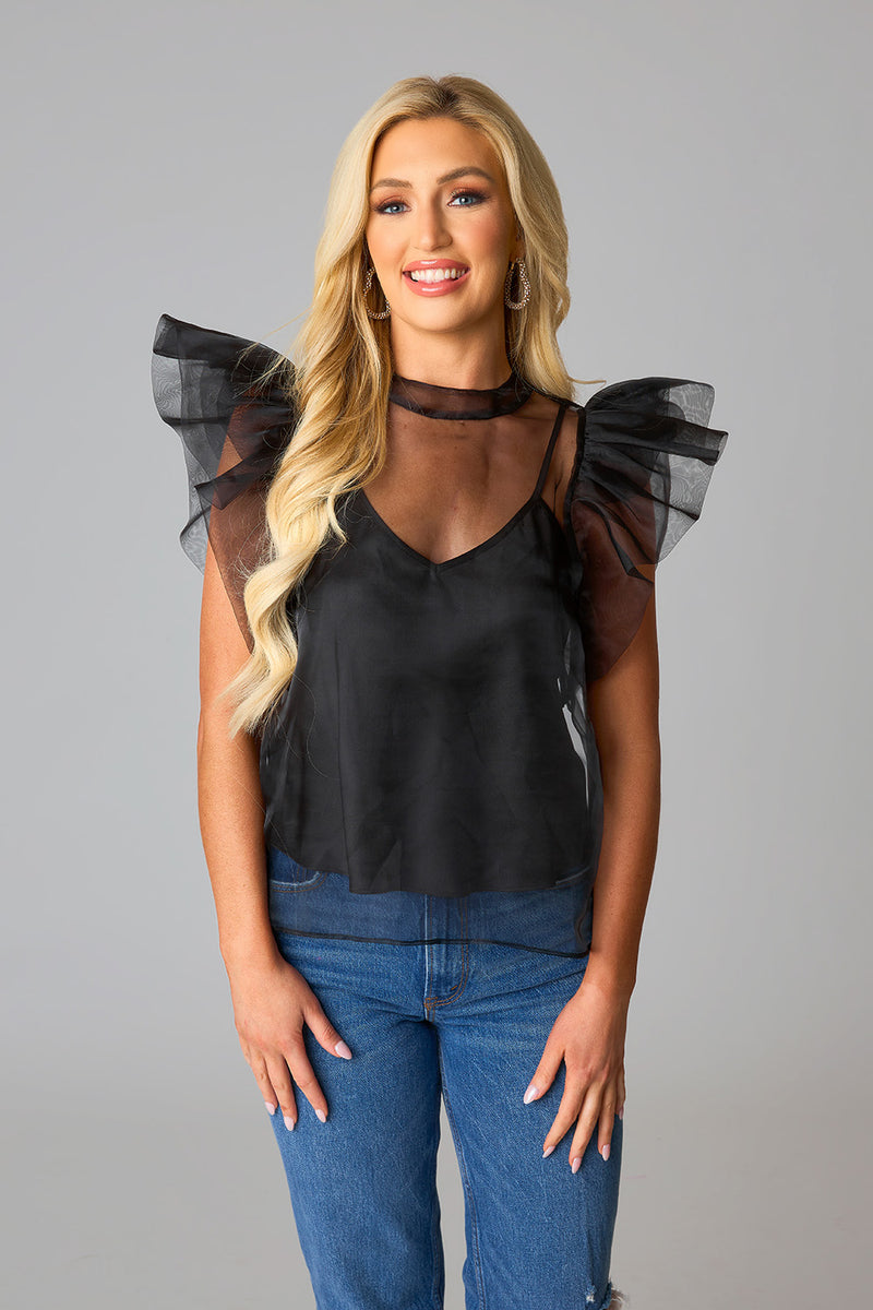 Kaycee Organza Ruffle Sleeve Top - Black