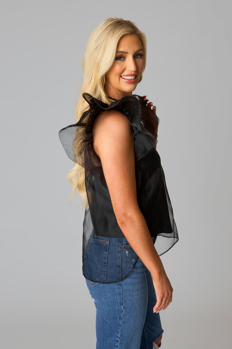 Kaycee Organza Ruffle Sleeve Top - Black