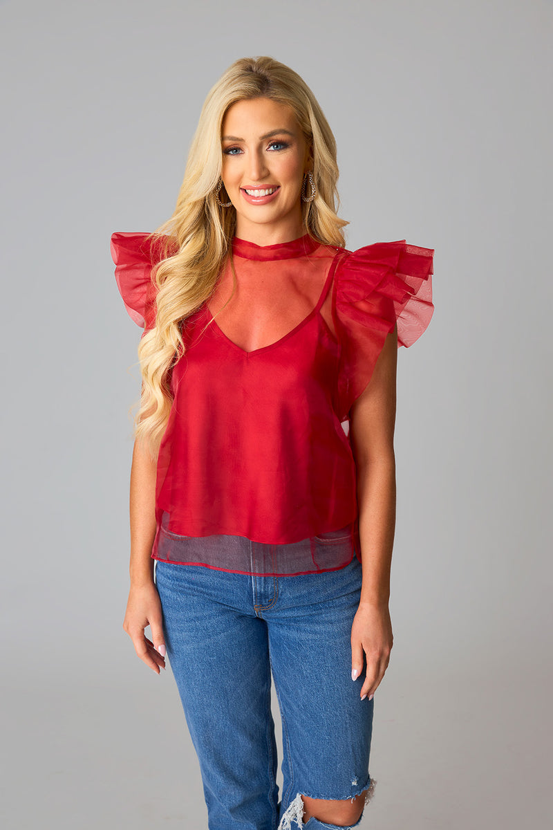 BuddyLove Kaycee Organza Ruffle Sleeve Top - Red