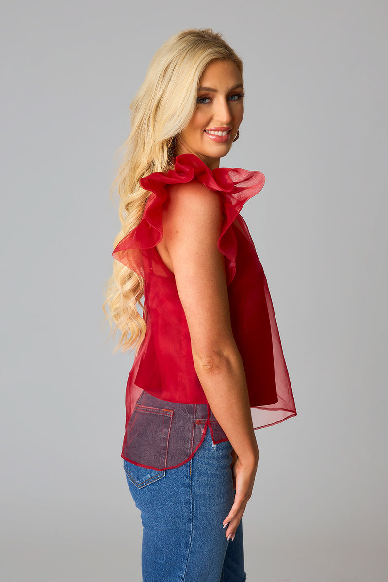 BuddyLove Kaycee Organza Ruffle Sleeve Top - Red