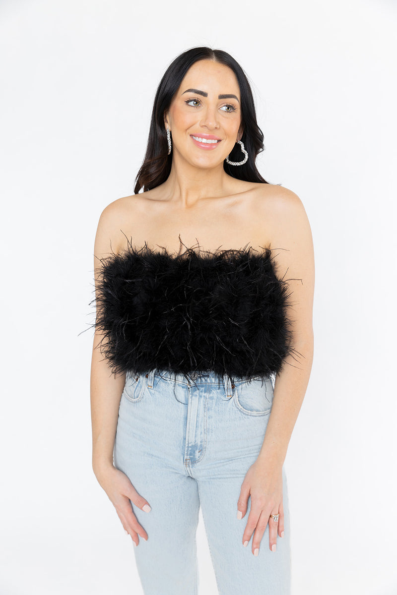 BuddyLove Fancy Strapless Feather Crop Top - Noir