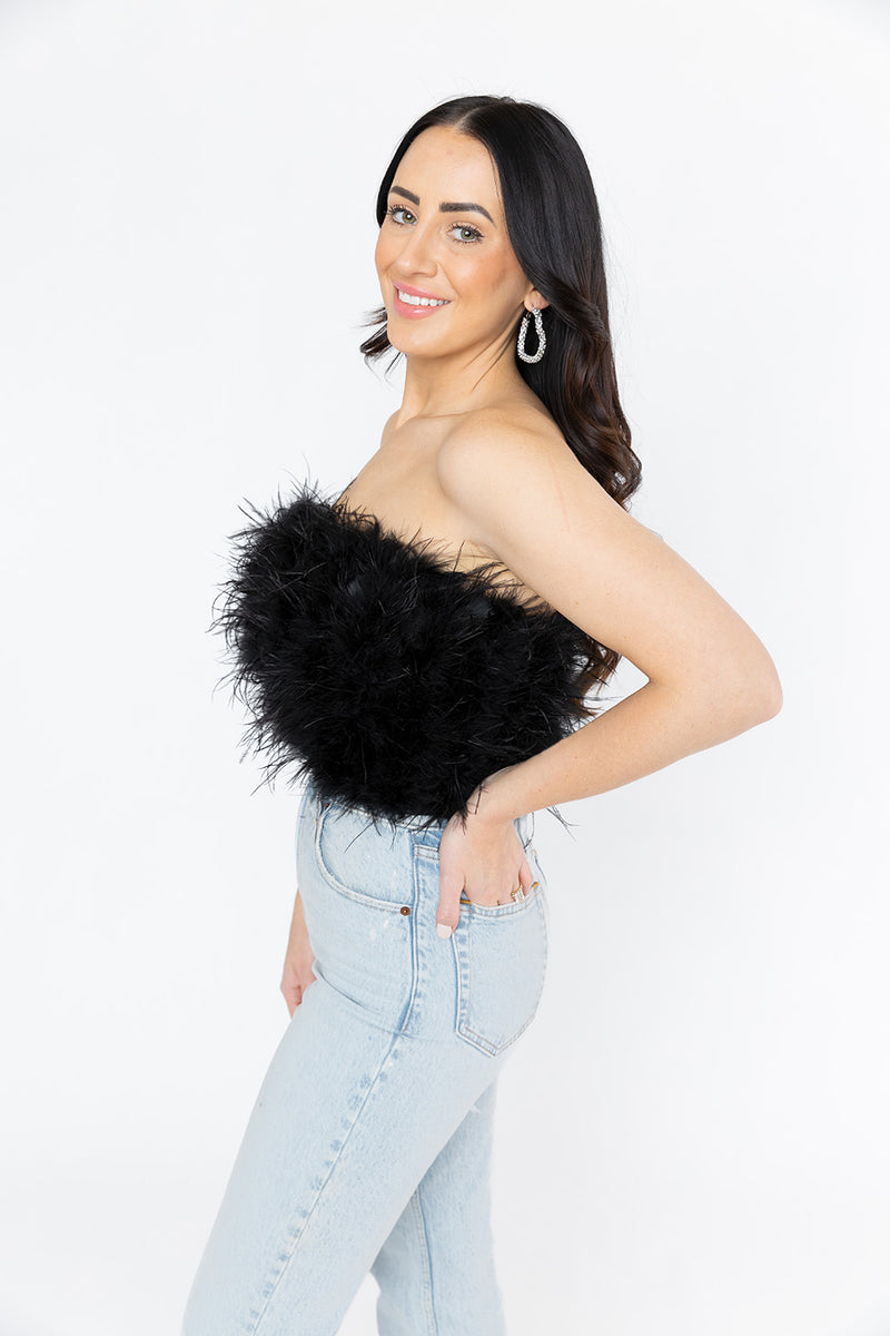 BuddyLove Fancy Strapless Feather Crop Top - Noir