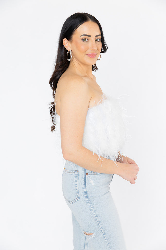 BuddyLove Fancy Strapless Feather Crop Top - White