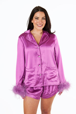 Prescott Feather Trim Pajama Set - Purple