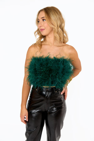 Fancy Strapless Feather Crop Top - Emerald