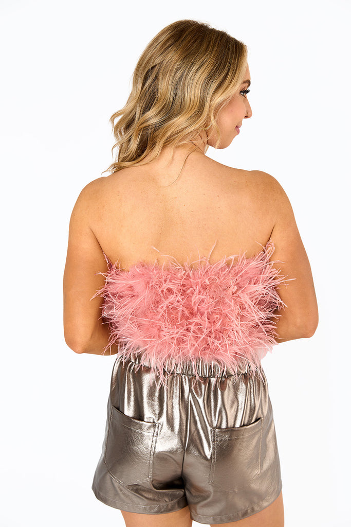 Fancy Strapless Feather Crop Top - Rose Gold