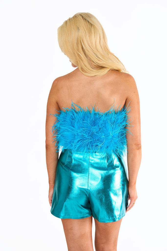 Fancy Strapless Feather Crop Top - Turquoise