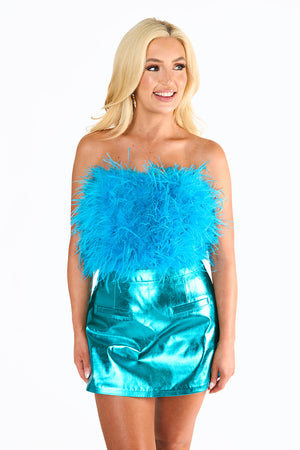 Fancy Strapless Feather Crop Top - Turquoise