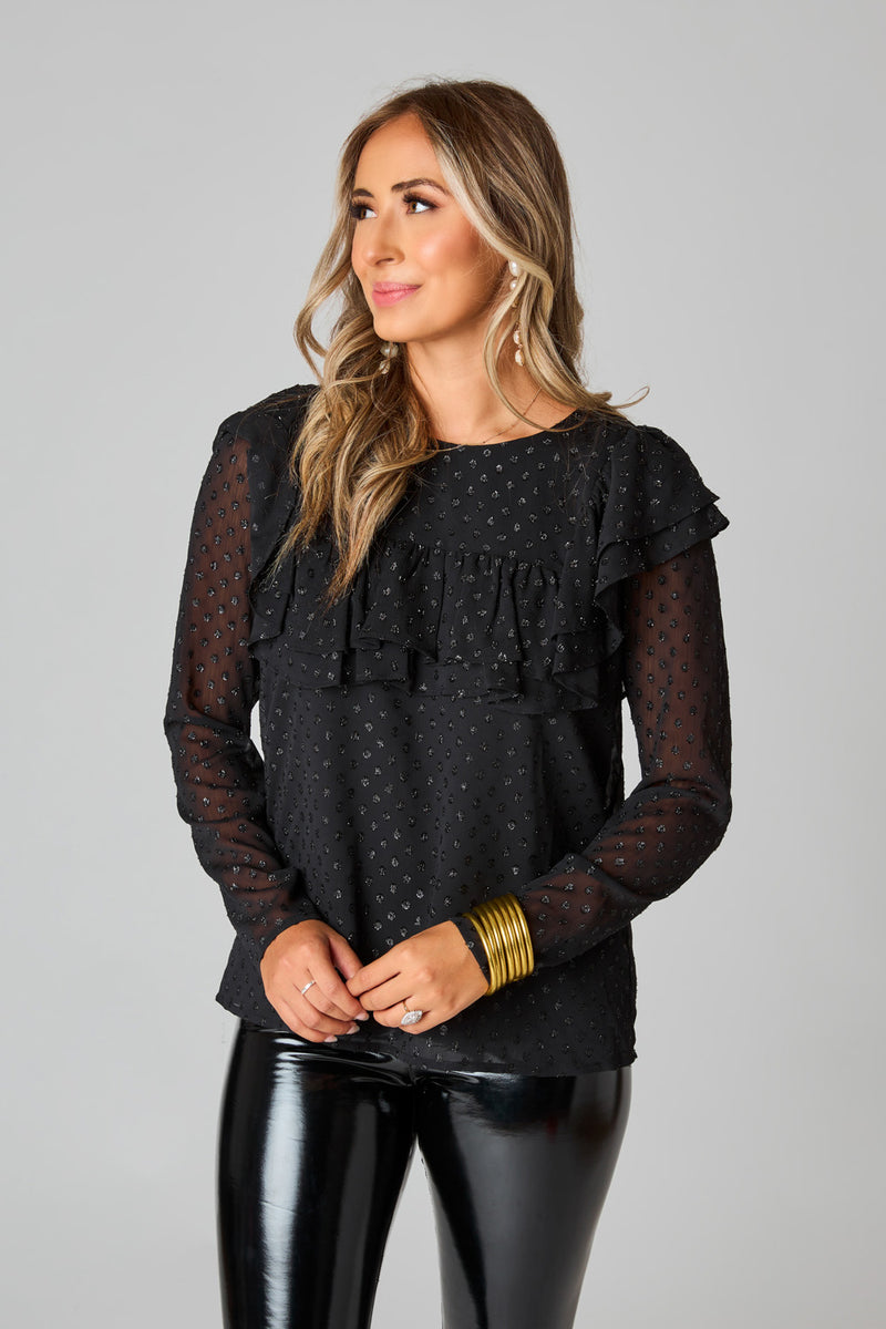 Prairie Ruffle Long Sleeve Top - Black Quartz