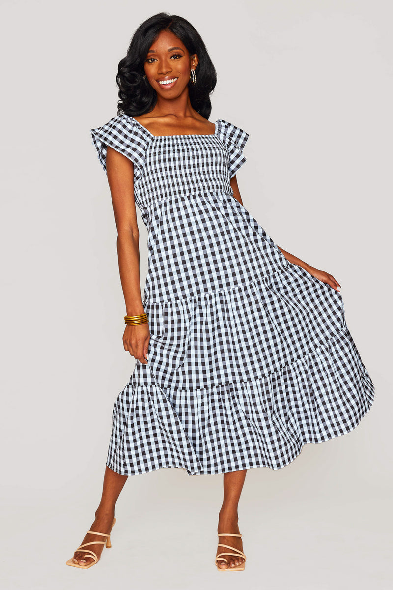 BuddyLove Brynn Ruffle Shoulder Midi Dress - Black Checker