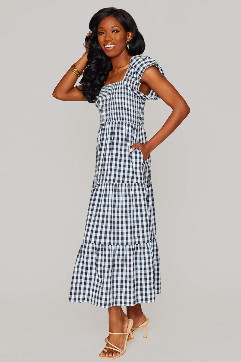 BuddyLove Brynn Ruffle Shoulder Midi Dress - Black Checker