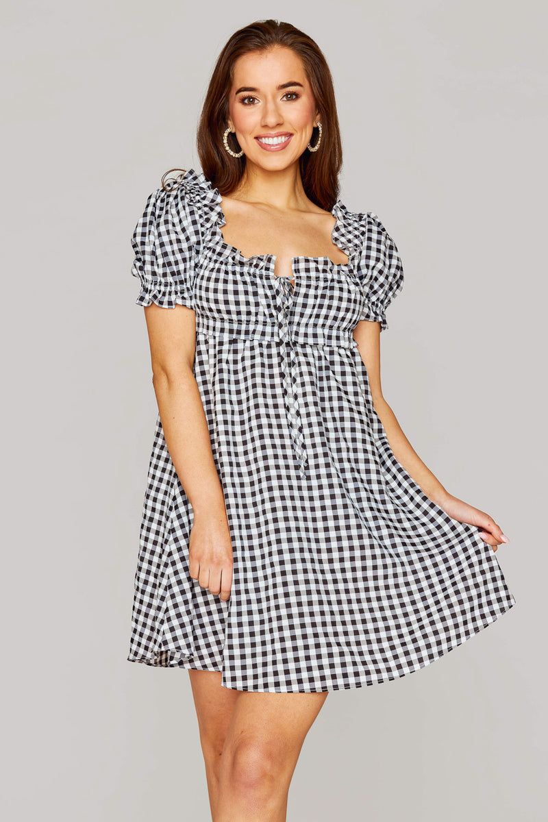 BuddyLove Jac Puff Sleeve Short Dress - Black Plaid