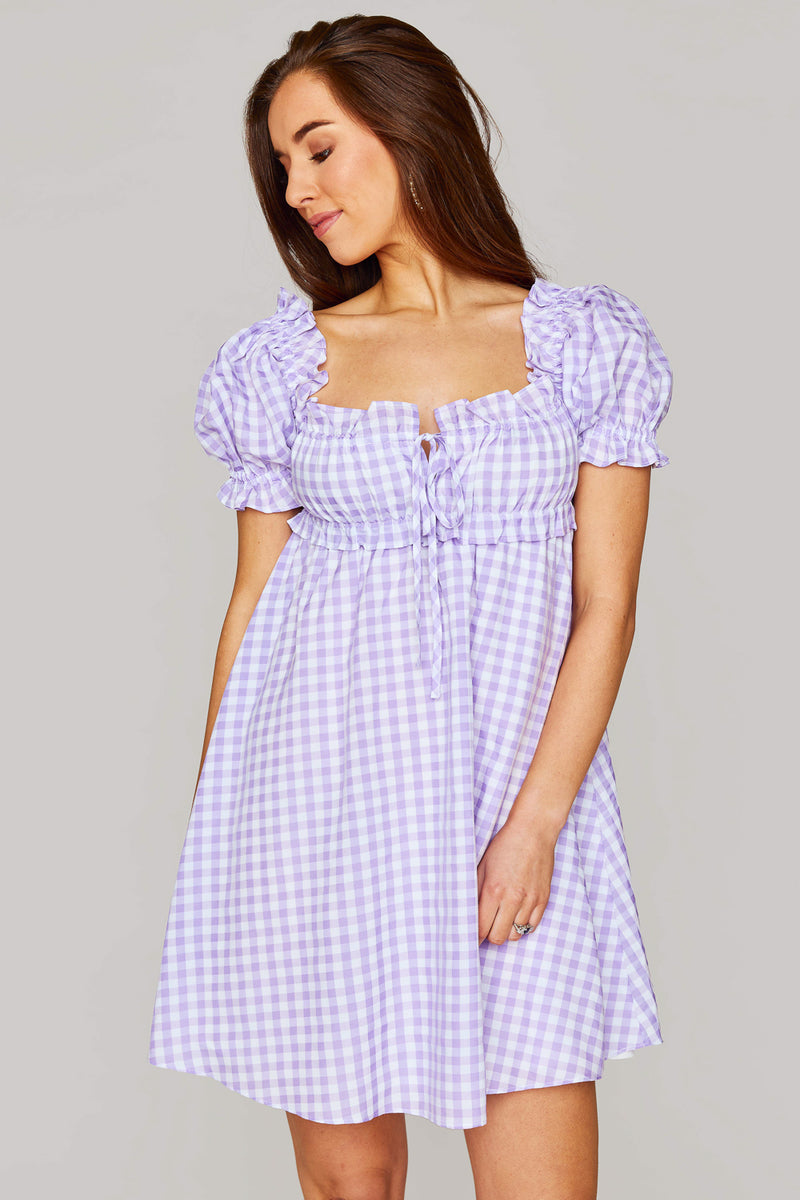 BuddyLove Jac Puff Sleeve Short Dress - Purple Plaid