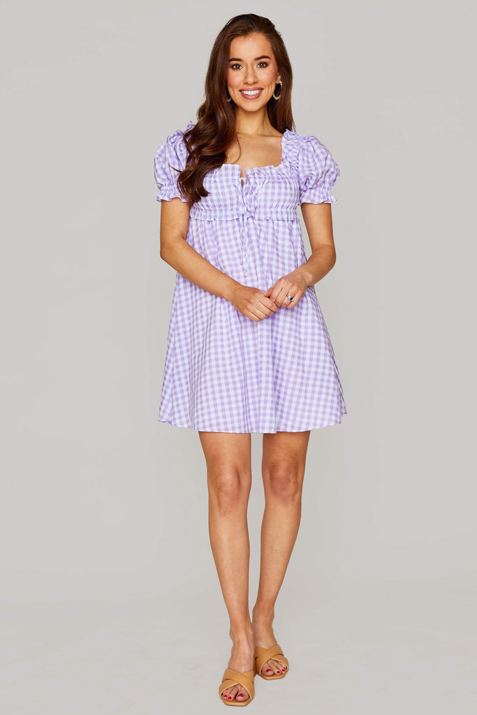 BuddyLove Jac Puff Sleeve Short Dress - Purple Plaid