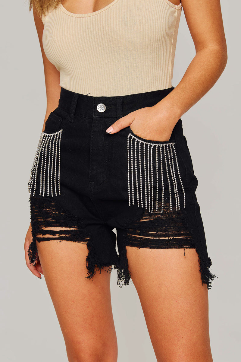 BuddyLove Elvis Crystal Fringe Denim Shorts - Black