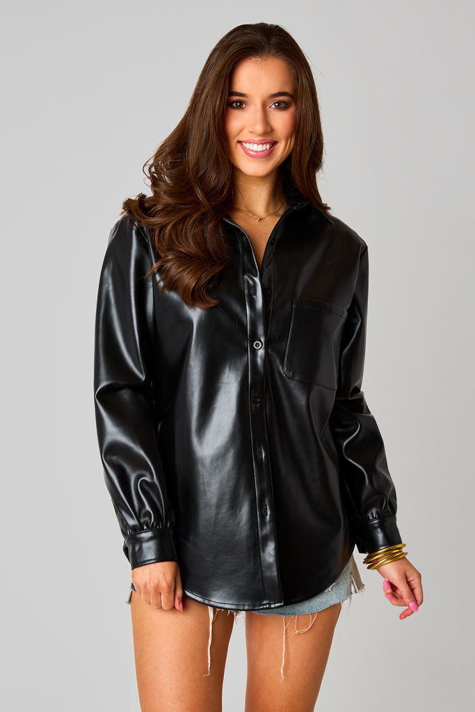 BuddyLove Brielle Vegan Leather Button Up Top - Black