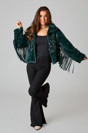 BuddyLove Skylar Fringe Faux Fur Jacket - Jade