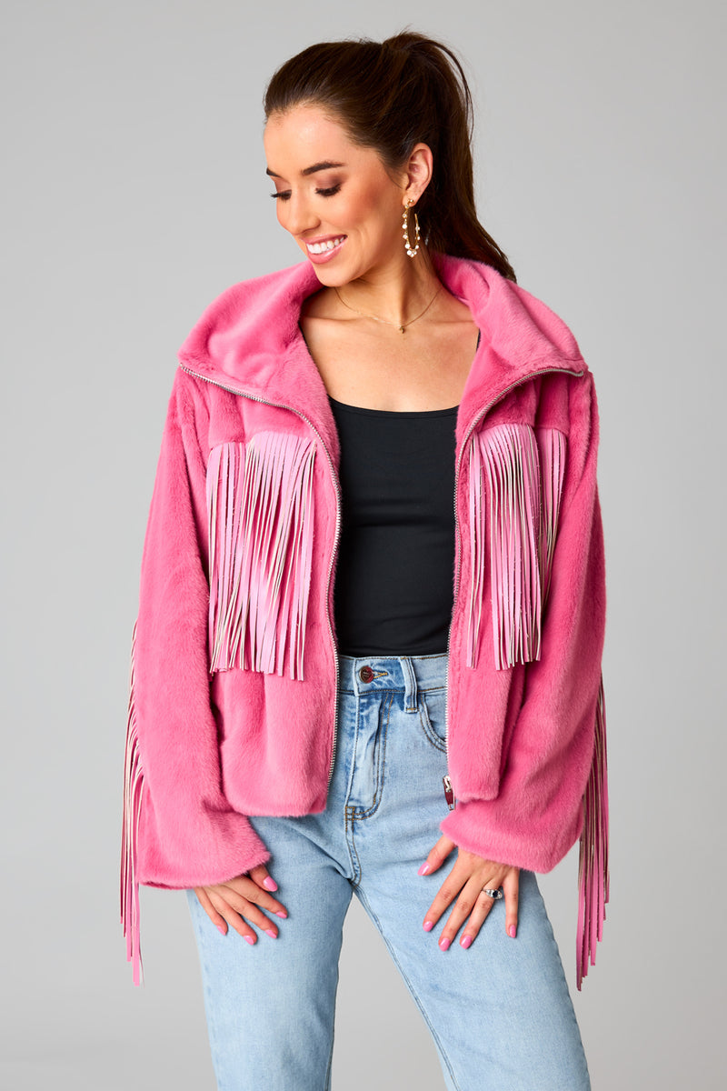 BuddyLove Skylar Fringe Faux Fur Jacket - Hot Pink