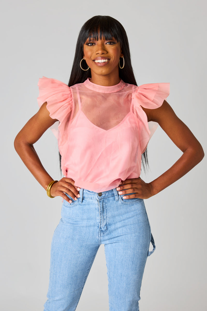 BuddyLove Kaycee Organza Ruffle Sleeve Top -  Salmon