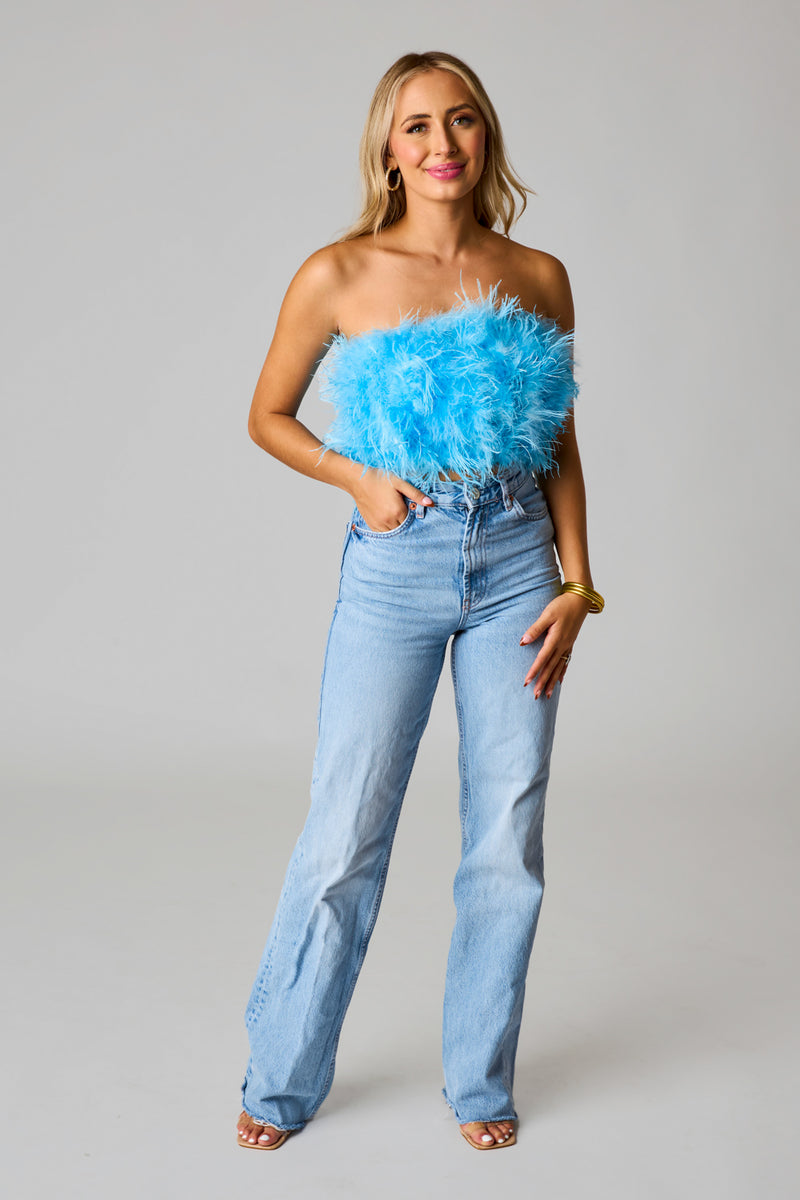 BuddyLove Fancy Strapless Feather Crop Top - Azure Blue