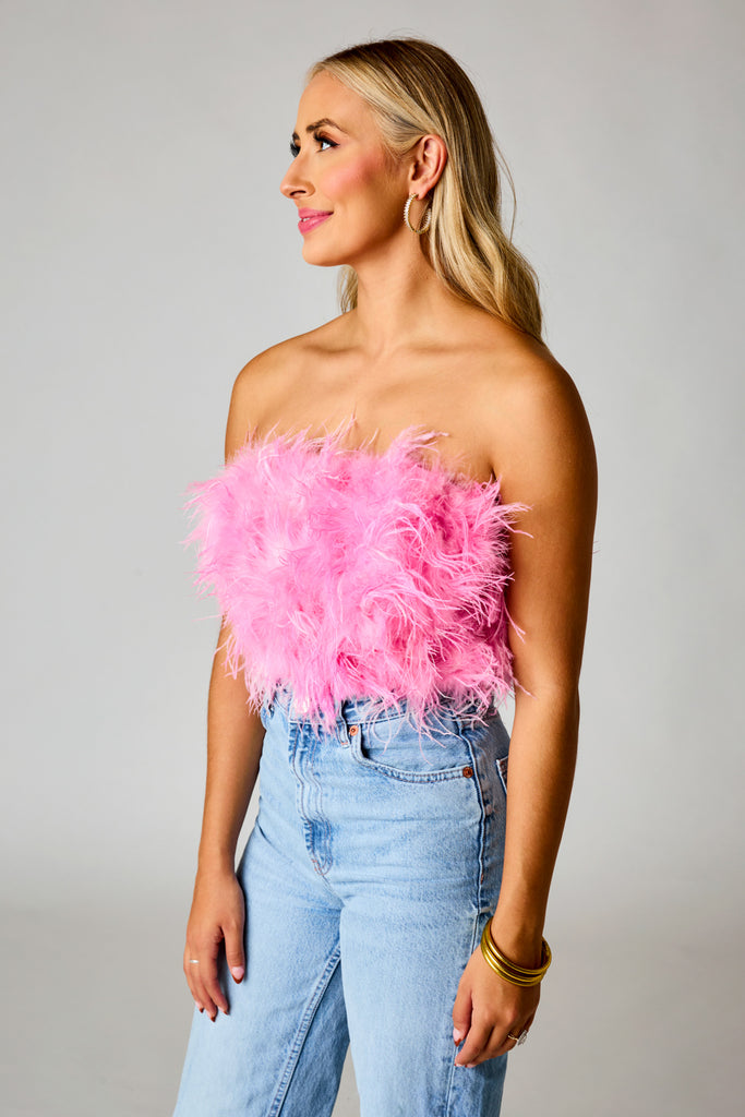 BuddyLove Fancy Strapless Feather Crop Top - Baby Pink