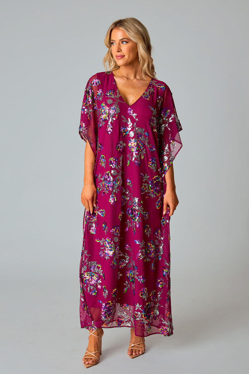 BuddyLove Atlas Sequin Caftan Maxi Dress - Red Sangria