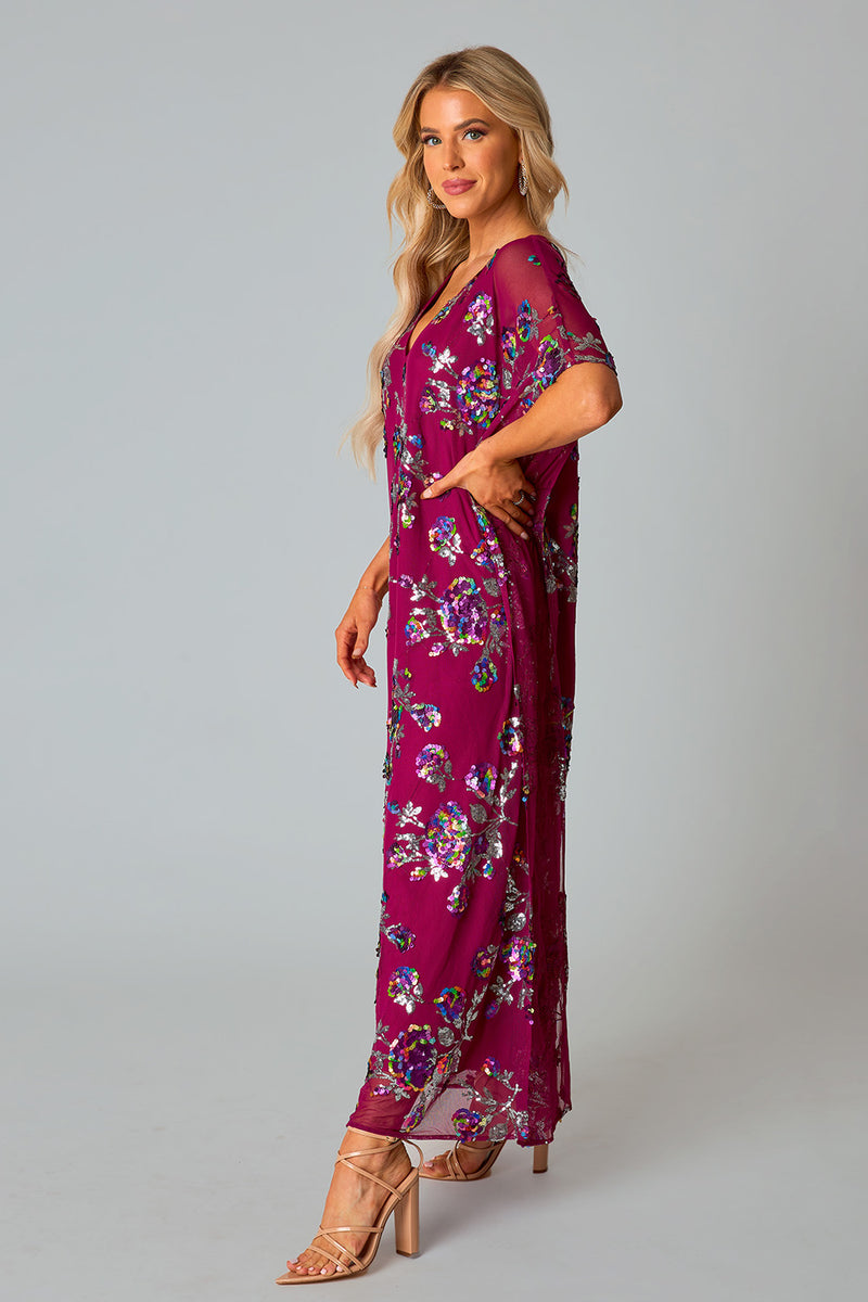 BuddyLove Atlas Sequin Caftan Maxi Dress - Red Sangria
