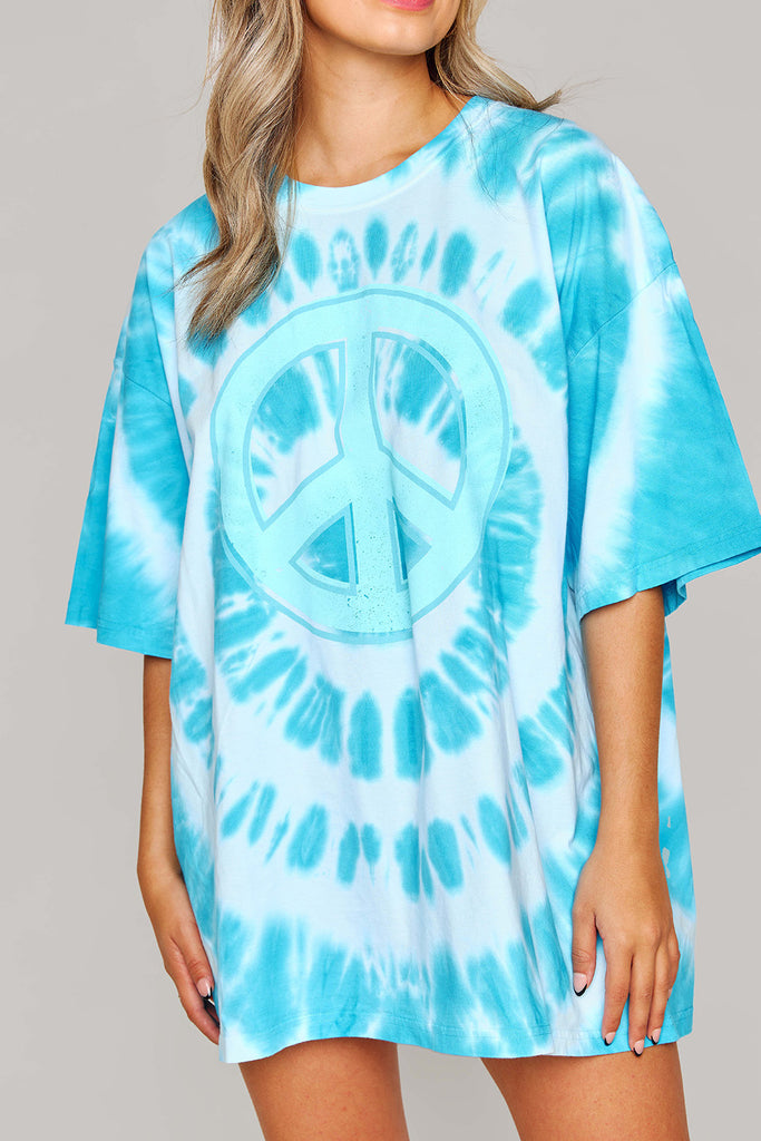 Cloud Tie-Dye Oversized Graphic Tee - Blue Peace Sign