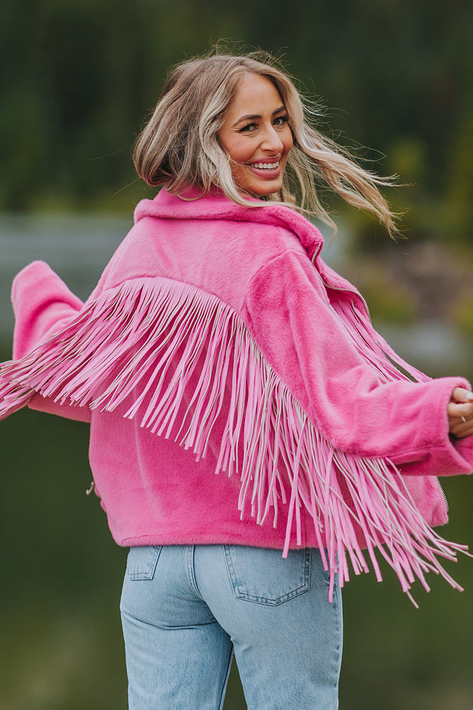 Skylar Fringe Faux Fur Jacket - Hot Pink
